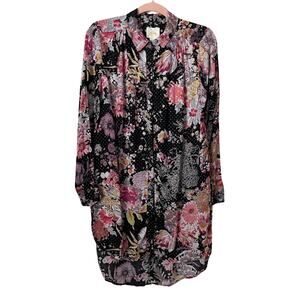 Anthropologie Maeve Top‎ Womens Medium Black Pink Floral Button Up Tunic Boho